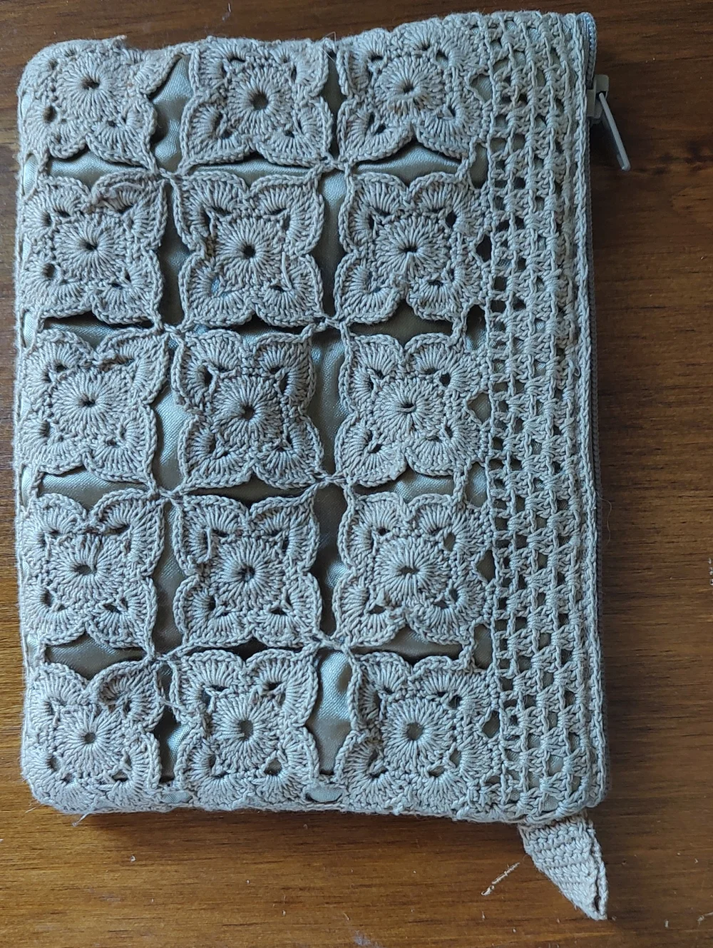 Ornate Crochet Zip Clutch Dark Beige w/Silky Lining